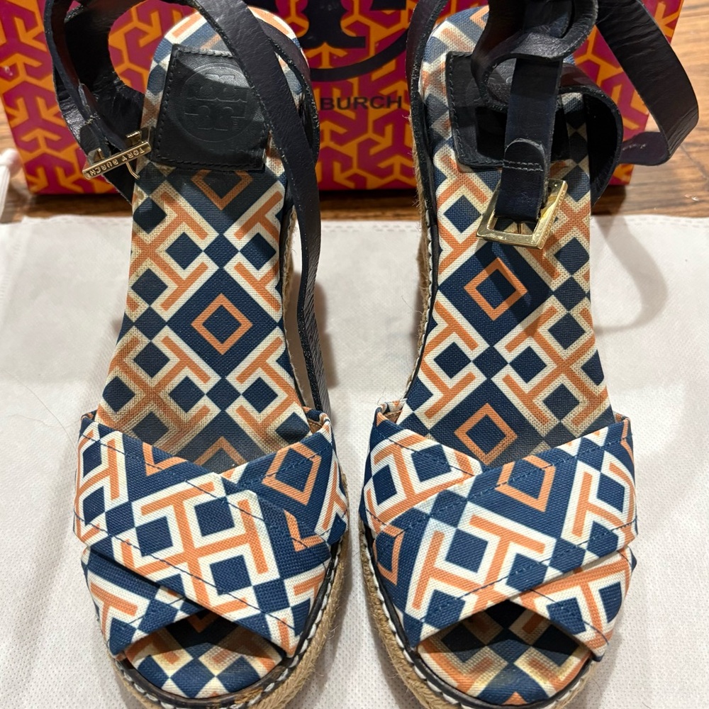 Tory Burch Blue and Orange Espadrille Wedges with Ankle Strap fit more like 6.5
